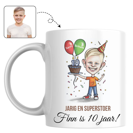 Verjaardagsmok voor een 10-jarige, bedrukt met een vrolijke karikatuur van het feestvarken.