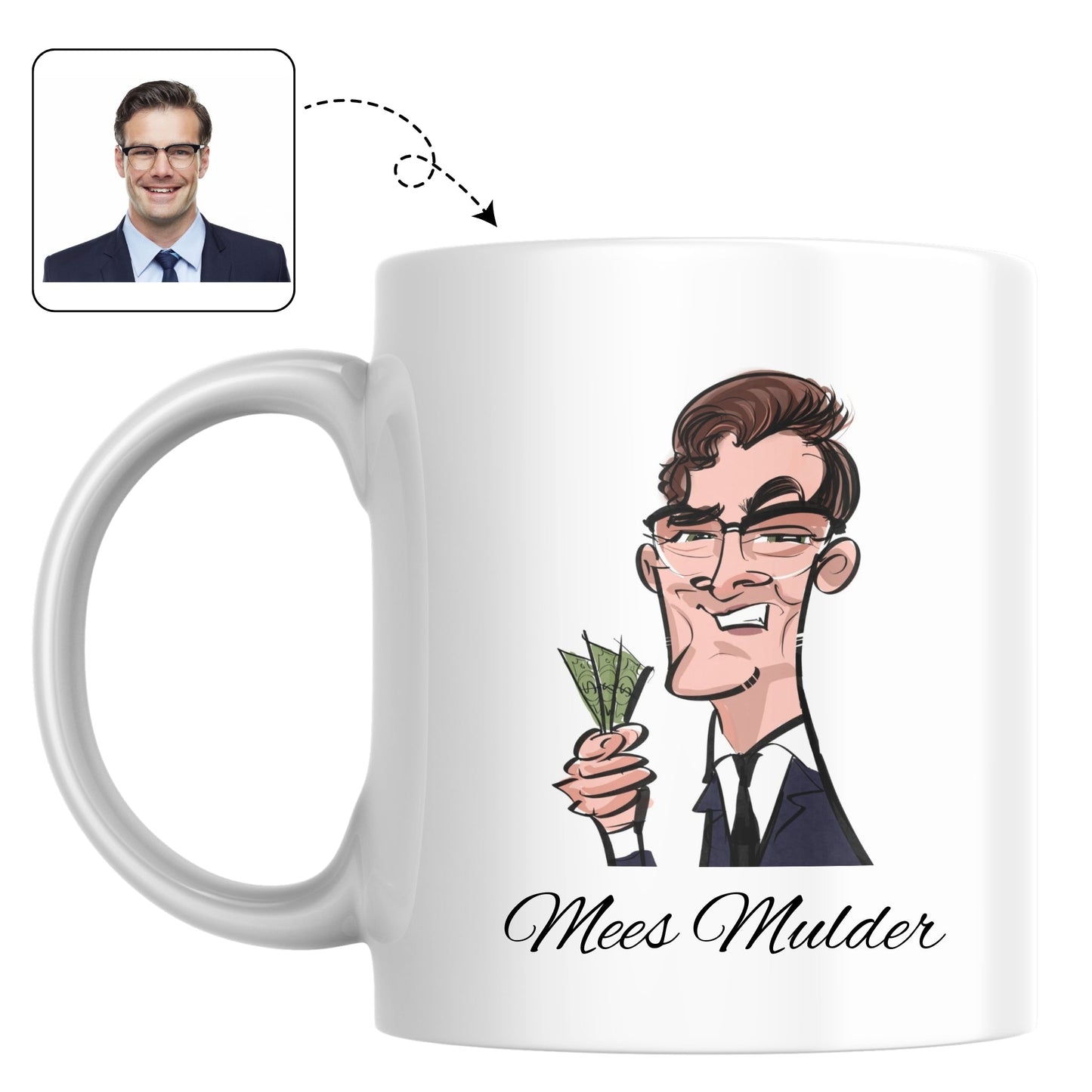 Mok voor op kantoor met een stijlvolle karikatuur van een bankier met stijgende grafieken op de achtergrond.