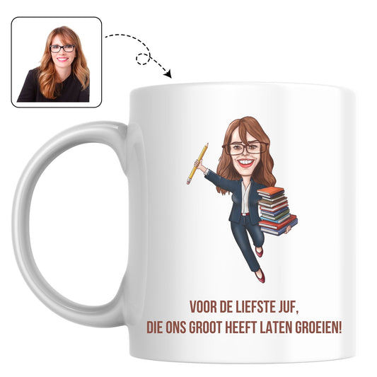 Mok om de leraar te bedanken, bedrukt met een persoonlijke karikatuur als aandenken aan de klas.