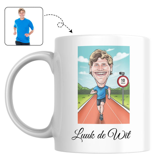 Mok voor de gepassioneerde hardloper, bedrukt met een energieke karikatuur als motivatie.