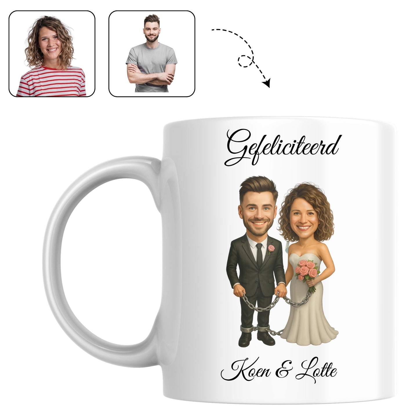 Set mokken met een hilarische karikatuur van het bruidspaar, gebaseerd op hun trouwfoto.