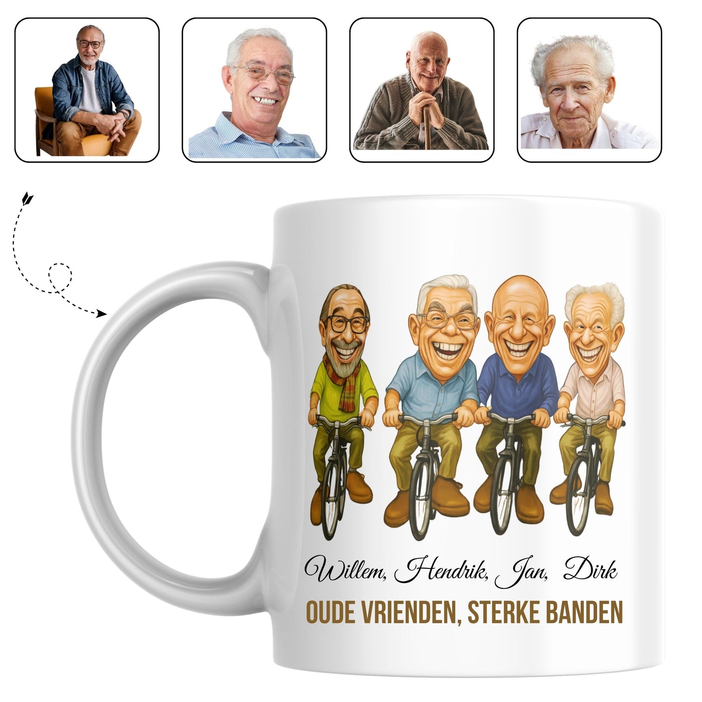 Koffiemok voor na de fietstocht, bedrukt met een karikatuur van de hele vriendengroep.