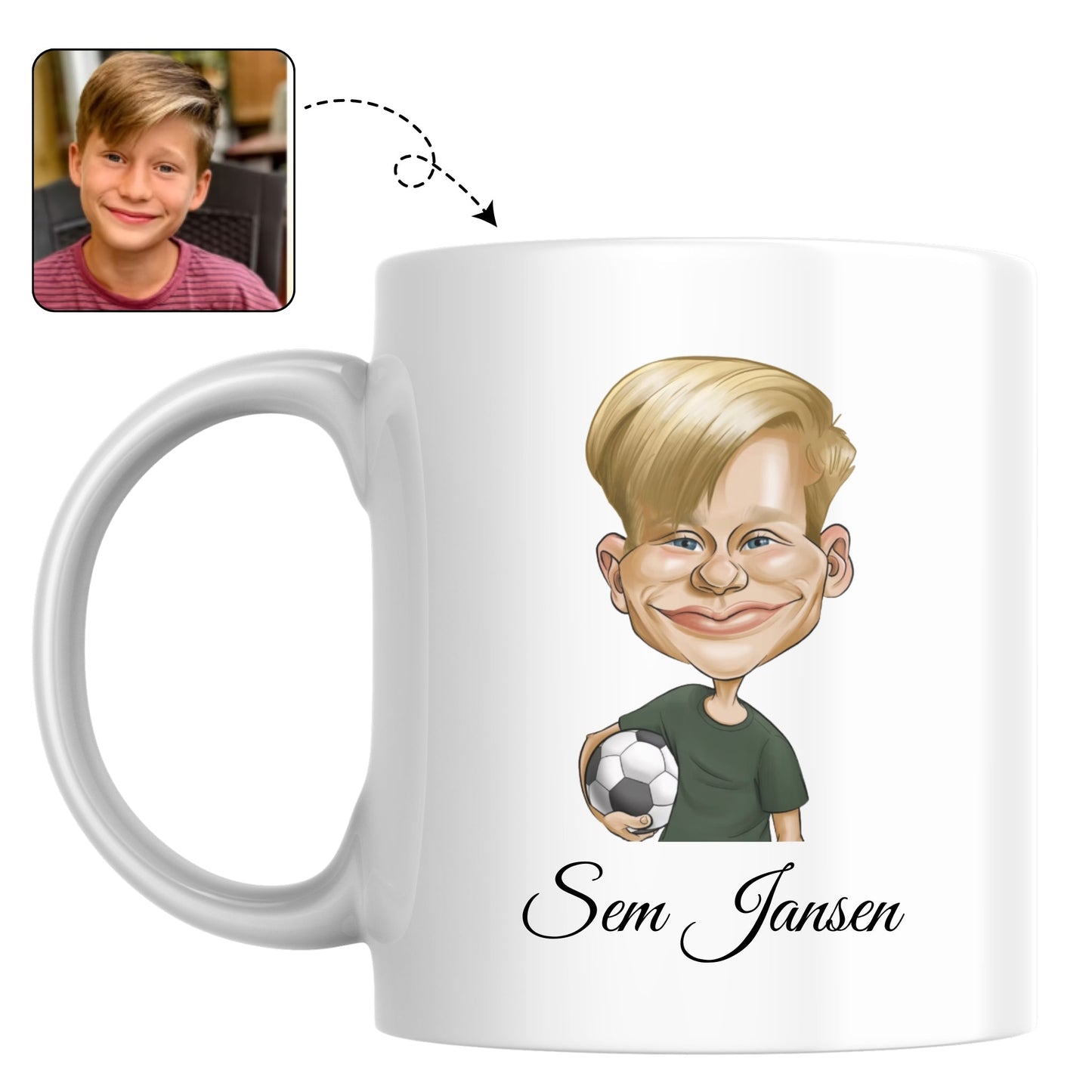 Stoere mok voor een kind dat gek is op voetbal, bedrukt met een persoonlijke karikatuur.