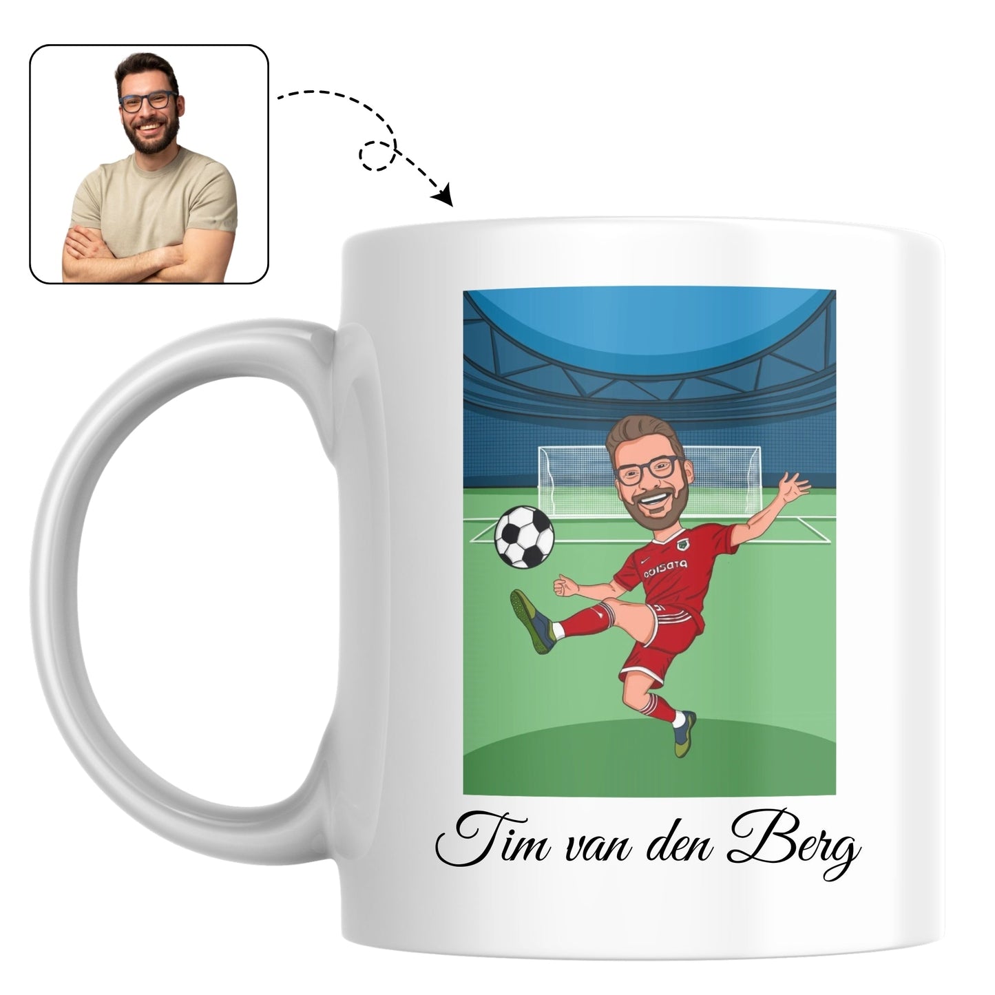 Mok met een karikatuur van een voetballer, perfect voor in de voetbalkantine of als verjaardagscadeau.