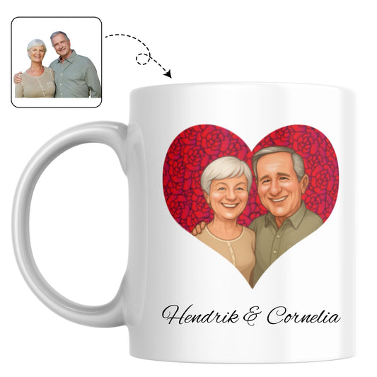 Lieve mokken voor opa en oma, bedrukt met een karikatuur die hun levenslange liefde symboliseert.