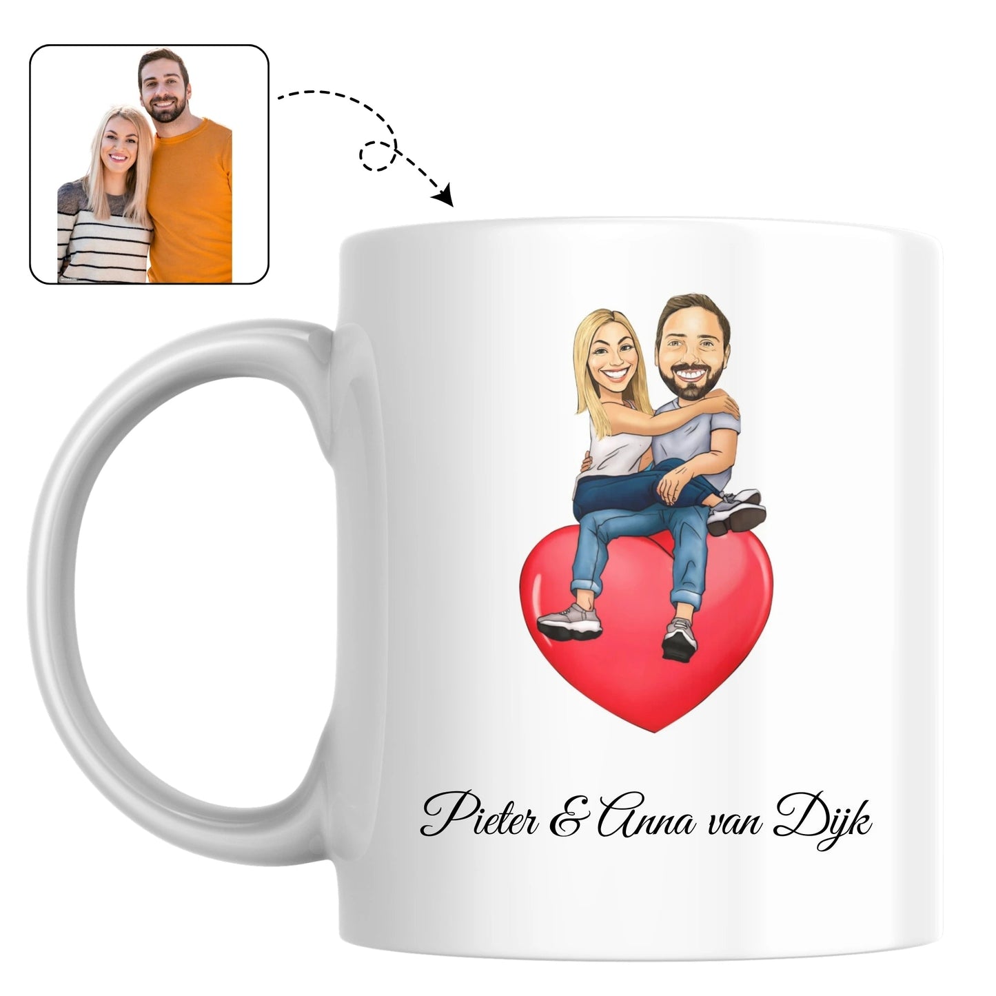 Twee bijpassende mokken met een lieve tekening van een koppel, een perfect cadeau voor Valentijnsdag of een jubileum.