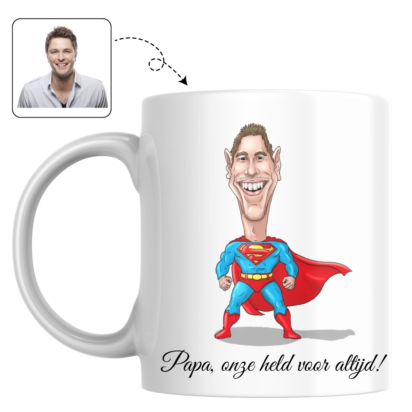 Mok voor de beste papa, bedrukt met een karikatuur van hem als een held met vleugels.