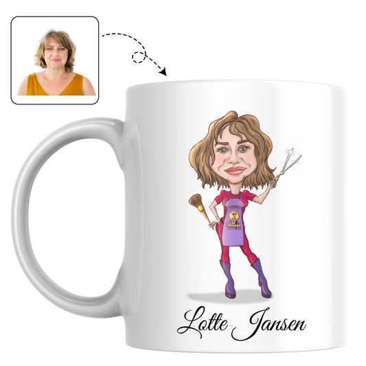 Mok voor de beste kapster of visagiste, bedrukt met een persoonlijke karikatuur.