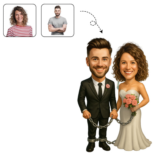 Lieve en grappige karikatuur van een trouwfoto, een uniek huwelijkscadeau voor een bruidspaar met humor.