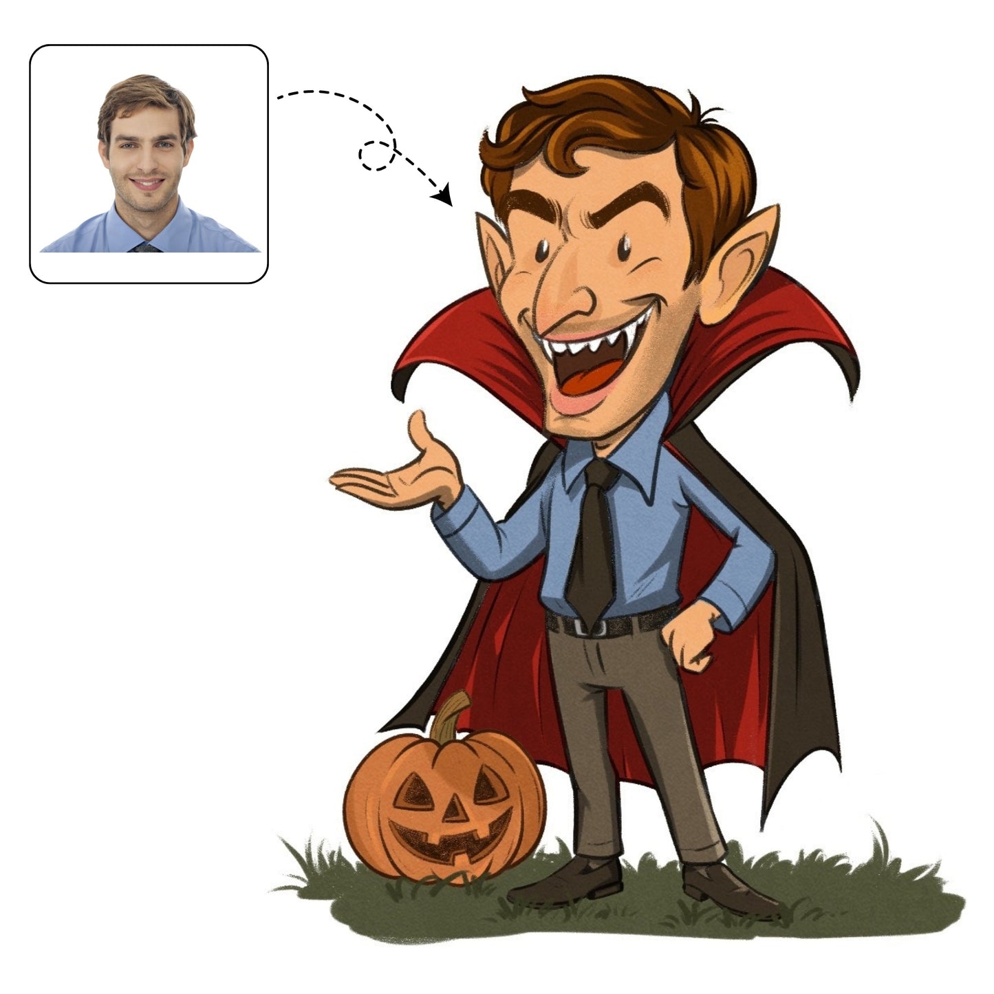 Handgetekende, griezelige karikatuur van een persoon in een halloweenkostuum, zoals een vampier of spook.