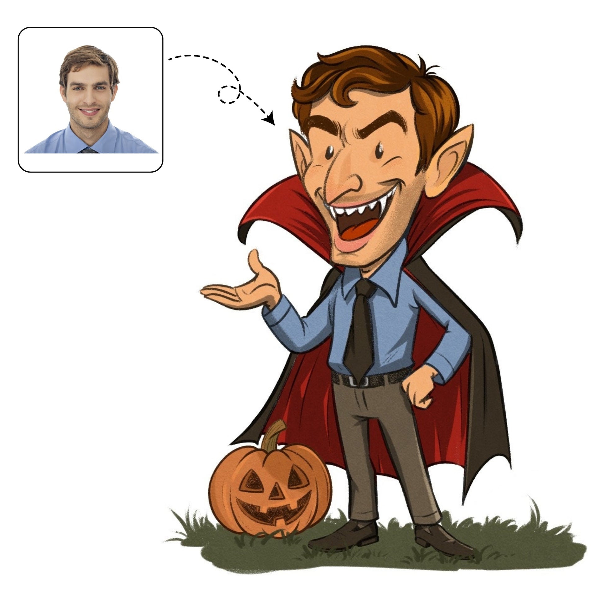 Handgetekende, griezelige karikatuur van een persoon in een halloweenkostuum, zoals een vampier of spook.