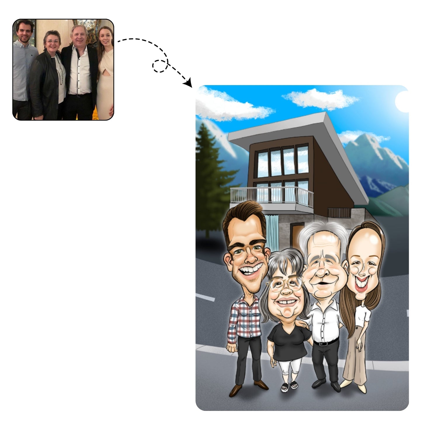 Lieve, handgetekende karikatuur van een compleet gezin, een tijdloos en persoonlijk kunstwerk.