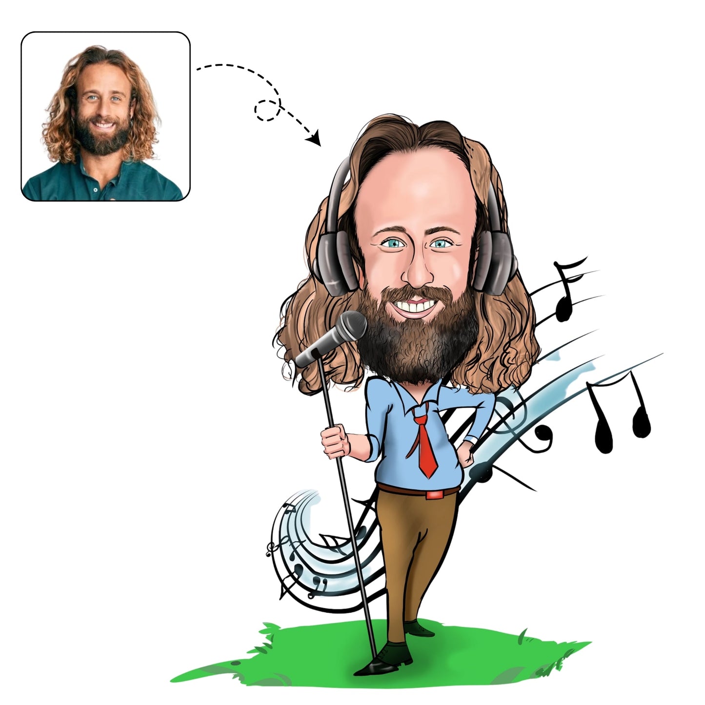 Dynamische karikatuur van een persoon die zingt met een microfoon, cadeau voor een muziekliefhebber.