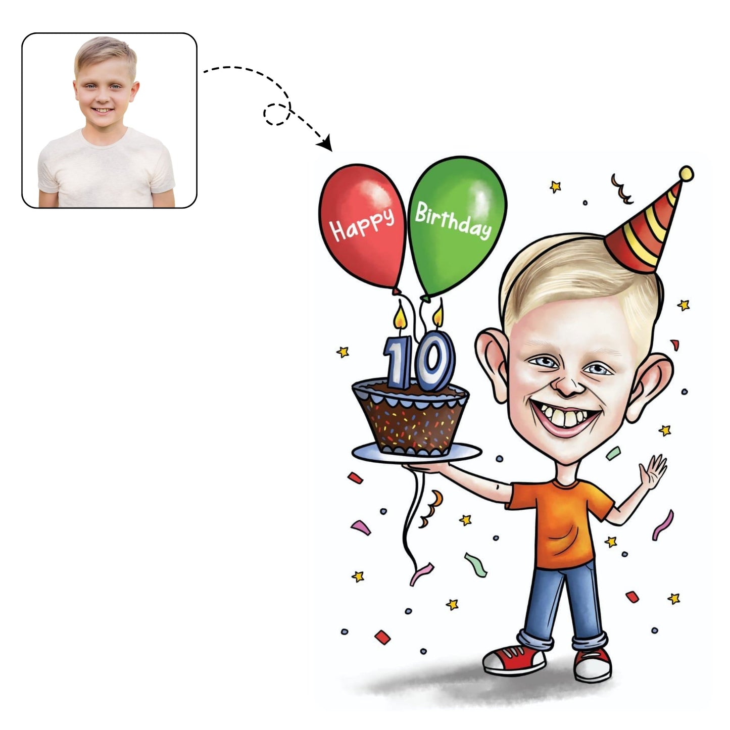 Feestelijke, handgetekende karikatuur van een kind dat 10 jaar wordt, omringd door ballonnen en een taart.