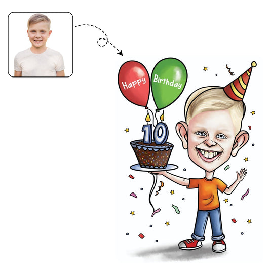 Feestelijke, handgetekende karikatuur van een kind dat 10 jaar wordt, omringd door ballonnen en een taart.