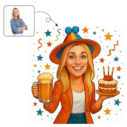 Vrolijke, handgetekende karikatuur van een vrouw die haar 35e verjaardag viert met een glas prosecco.