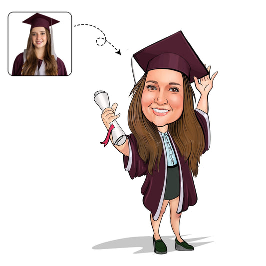 Vrolijke karikatuur van een afgestudeerde vrouw in toga met haar diploma, een persoonlijk cadeau om haar prestatie te vieren.