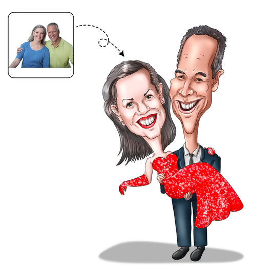 Lieve karikatuur van een echtpaar dat 50 jaar getrouwd is, waarbij de man zijn vrouw nog op handen draagt.