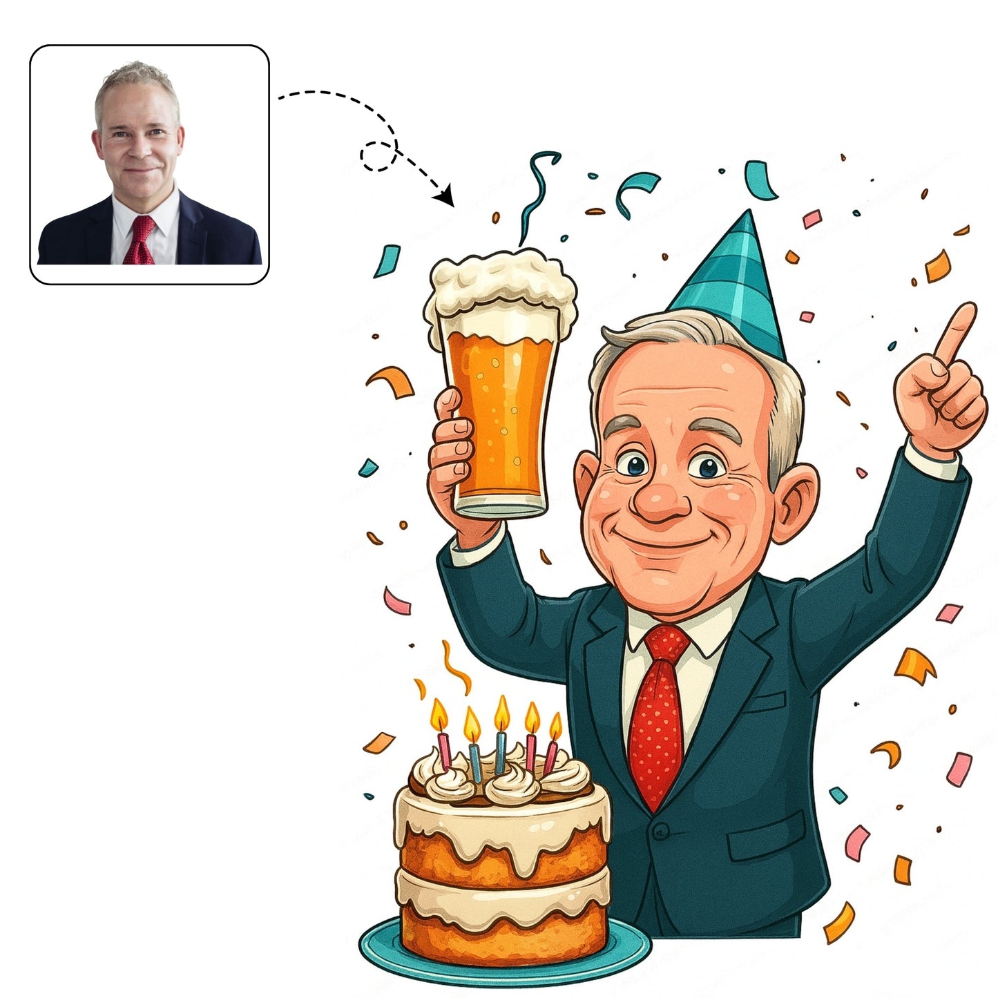 Stijlvolle, handgetekende karikatuur van een professionele man die zijn 50e verjaardag viert met een biertje.