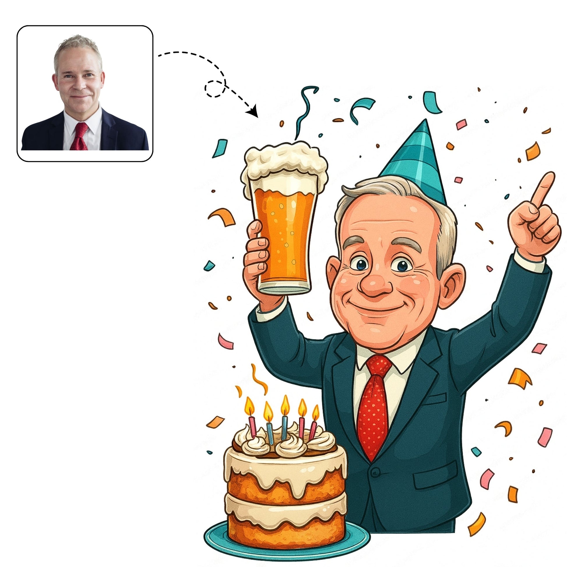 Stijlvolle, handgetekende karikatuur van een professionele man die zijn 50e verjaardag viert met een biertje.