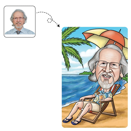 Vrolijke, handgetekende karikatuur van een pensionado die geniet van zijn vrije tijd in een strandstoel.