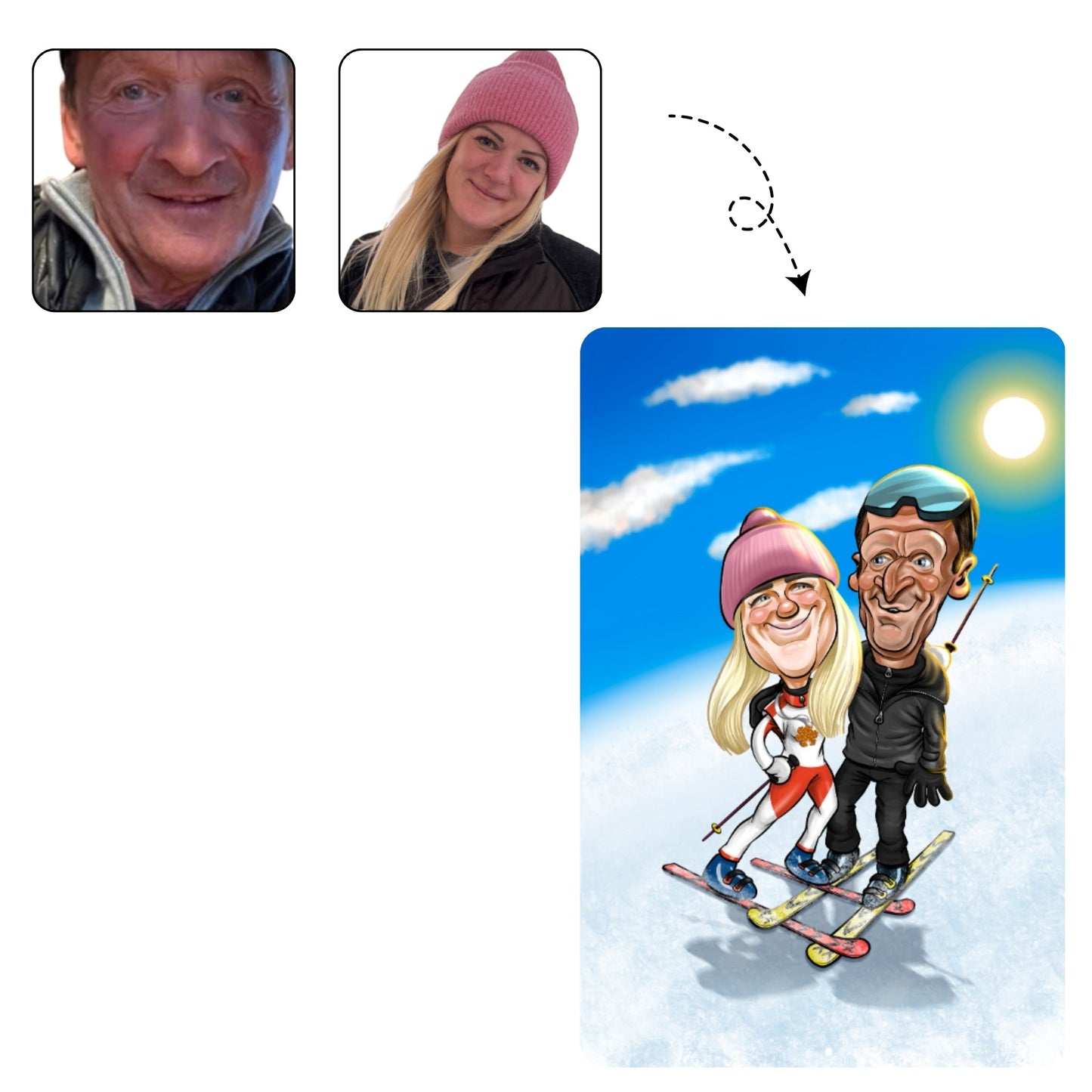 Lieve, handgetekende karikatuur van een vader en dochter die samen skiën, een aandenken aan hun speciale band.