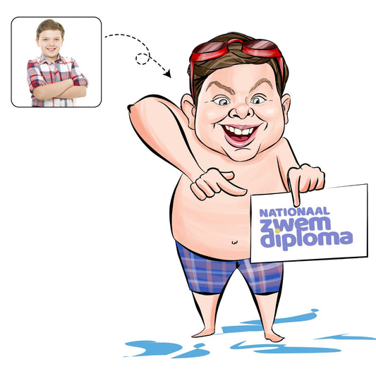 Trotse, handgetekende karikatuur van een kind dat zijn of haar zwemdiploma heeft gehaald, een leuke mijlpaal.