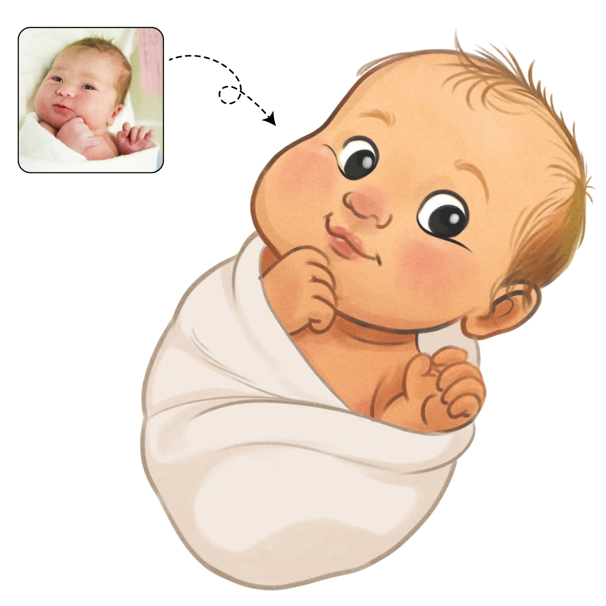 Lieve, handgetekende karikatuur van een pasgeboren baby, een tijdloos aandenken aan de eerste momenten.