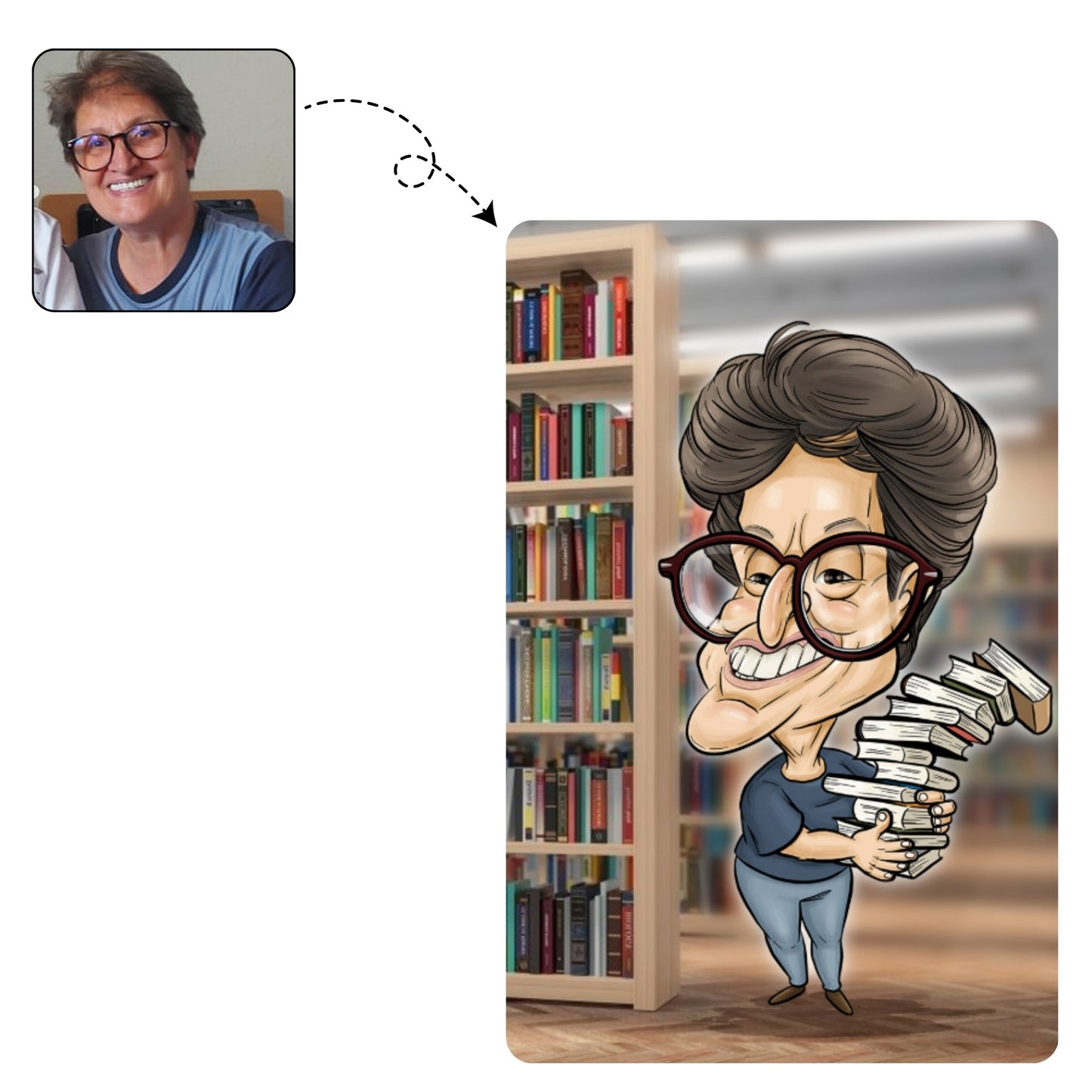 Handgetekende karikatuur van een vrouw omringd door boeken, een eerbetoon aan de liefde voor lezen.