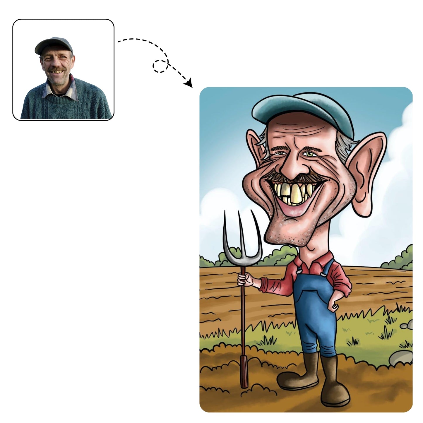 Humoristische, handgetekende karikatuur van een boer op zijn tractor die zijn 50e verjaardag viert.