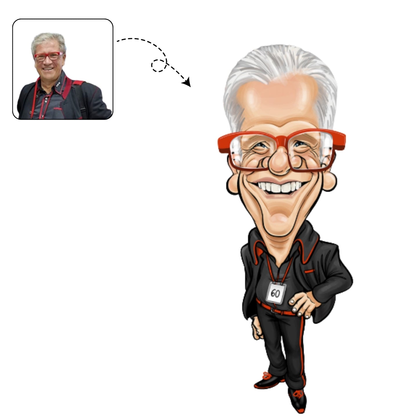 Handgetekende, respectvolle karikatuur van een directeur als eerbetoon aan een succesvolle carrière.