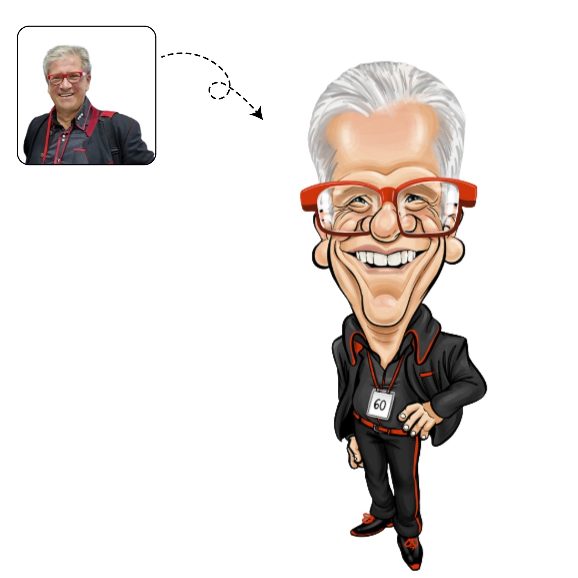 Handgetekende, respectvolle karikatuur van een directeur als eerbetoon aan een succesvolle carrière.