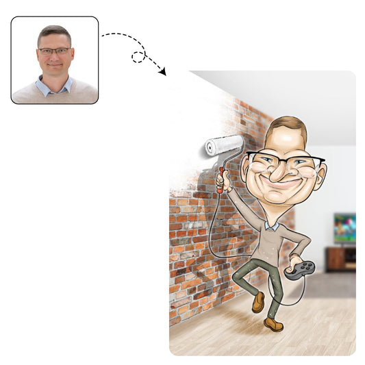 Handgetekende karikatuur van schilder & gamer | Creatief cadeau