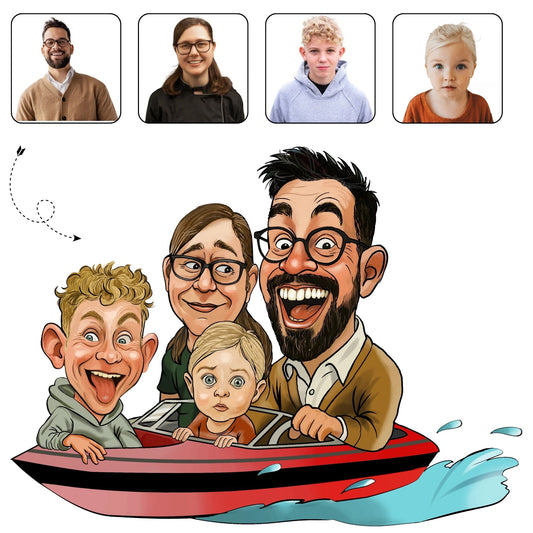 Vrolijke, handgetekende karikatuur van een gezin met kinderen en hond in een bootje op het water.