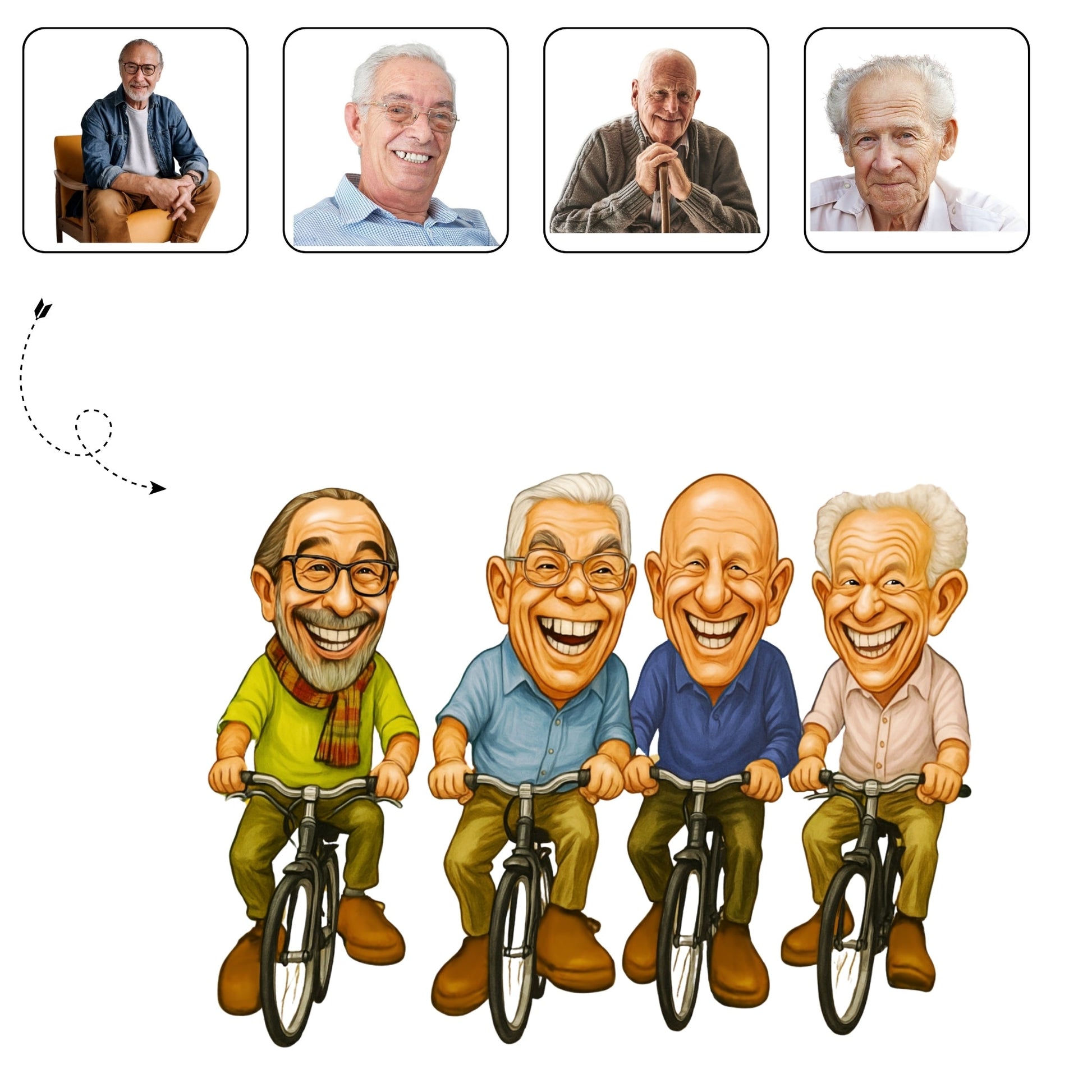 Grappige, handgetekende karikatuur van een groep vrienden op de fiets, een perfect cadeau voor de hele fietsclub.