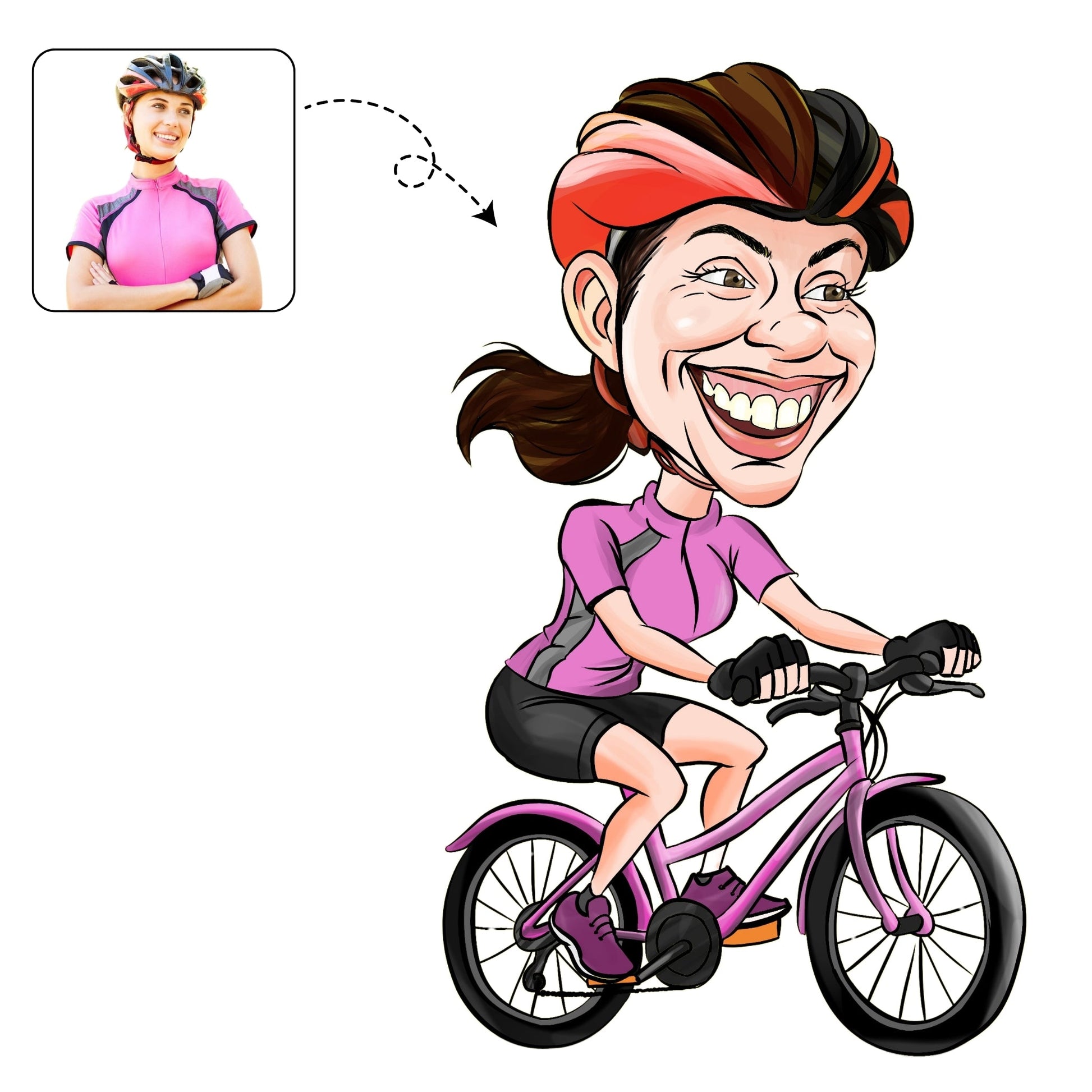Sportieve, handgetekende karikatuur van een vrouw op haar fiets, een persoonlijk cadeau voor een fietsliefhebber.