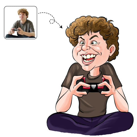 Stoere, handgetekende karikatuur van een kind met een controller en headset, een uniek cadeau voor een jonge gamer.