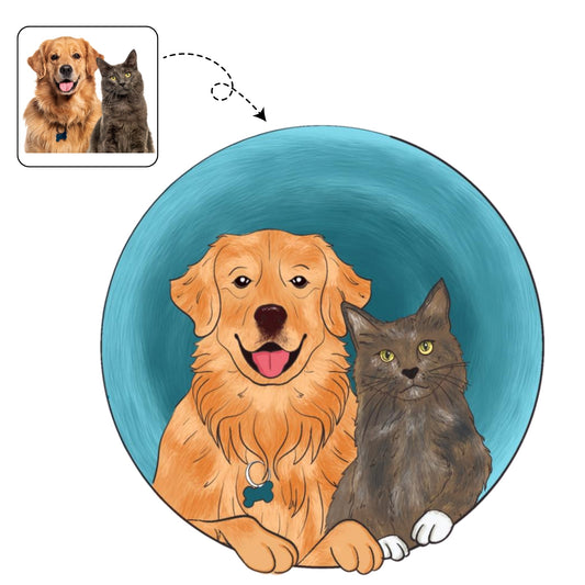 Lieve, handgetekende karikatuur van een hond en kat die beste vrienden zijn, een uniek cadeau voor een dierenliefhebber.