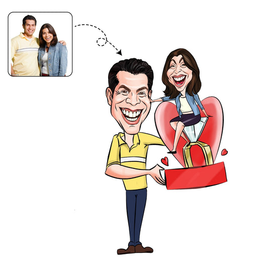 Romantische, handgetekende karikatuur die een huwelijksaanzoek vastlegt, een persoonlijk cadeau voor het verloofde stel.