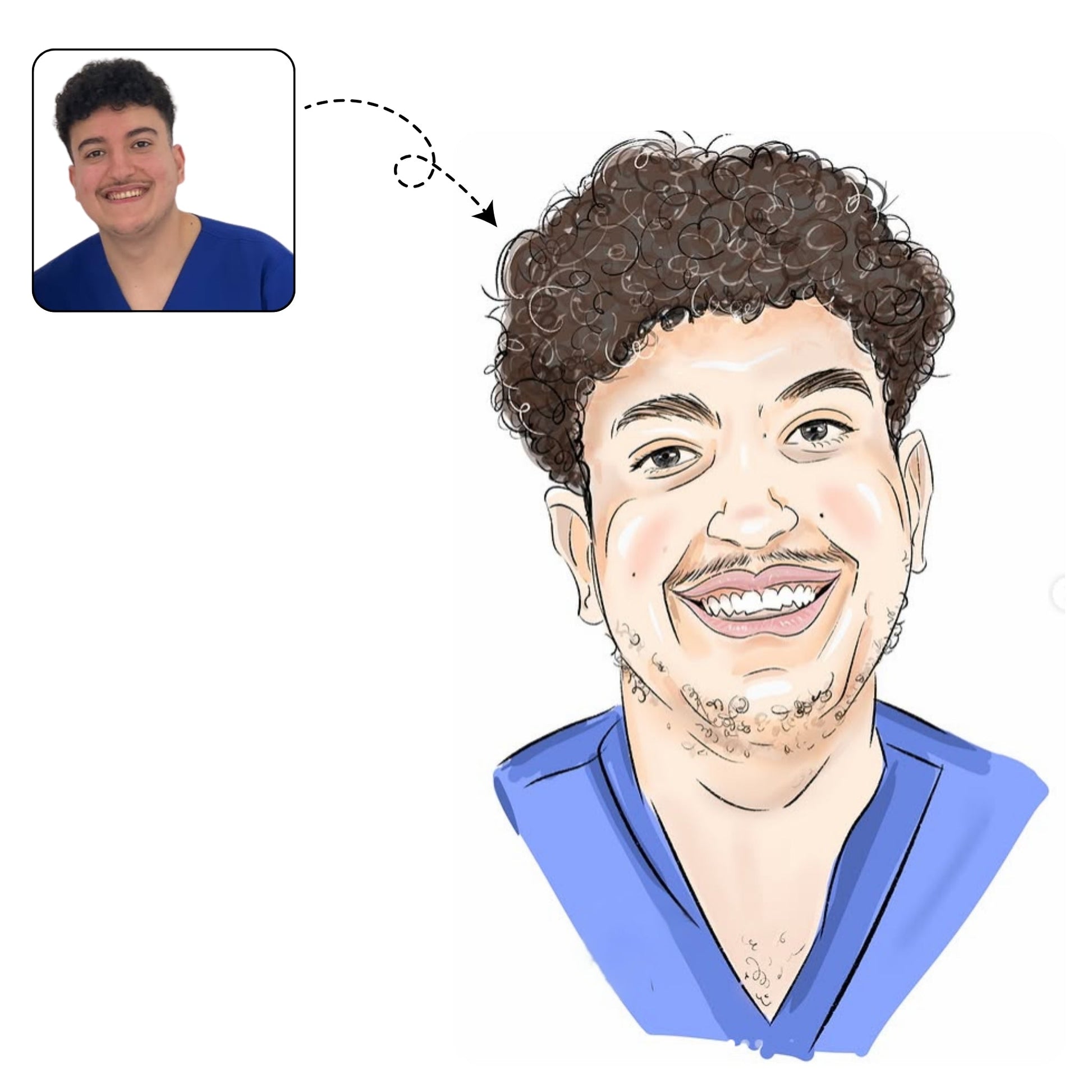 Handgetekende karikatuur van een pas afgestudeerde arts in doktersjas, een cadeau voor een medische carrière.