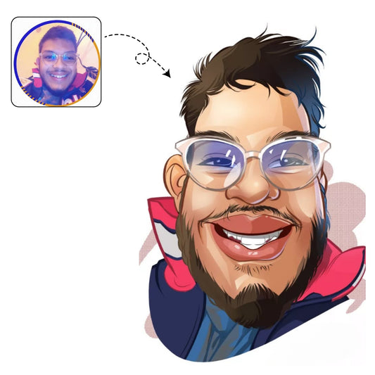 Handgetekende karikatuur die de persoonlijkheid en hobby's van een jonge man vastlegt, een uniek verjaardagscadeau.