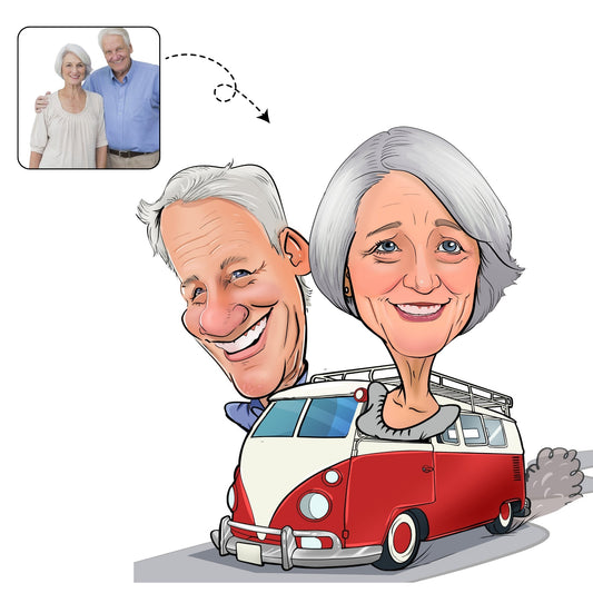 Handgetekende karikatuur van een avontuurlijk koppel bij hun camper of caravan in de natuur.