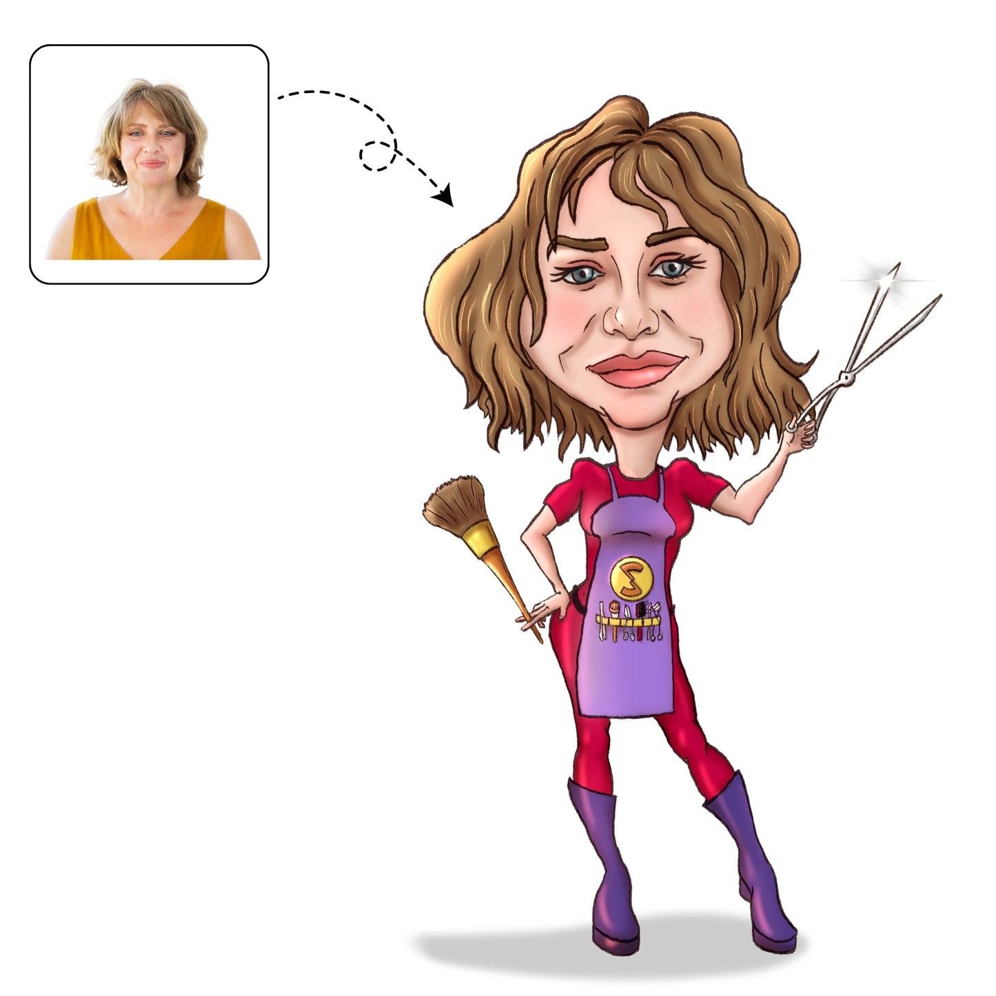 Stijlvolle, handgetekende karikatuur van een kapster in haar salon, een creatief cadeau voor een beauty professional.