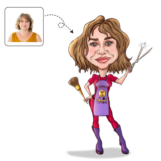 Stijlvolle, handgetekende karikatuur van een kapster in haar salon, een creatief cadeau voor een beauty professional.