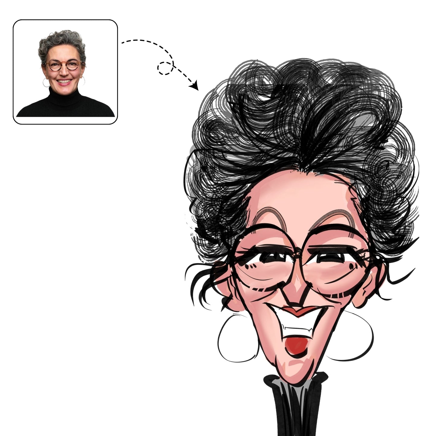 Liefdevolle, handgetekende karikatuur die de stralende lach van een moeder of oma vastlegt.