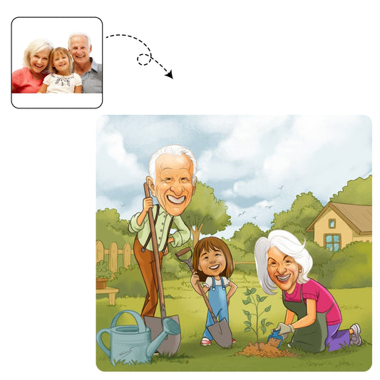 Hartverwarmende, handgetekende karikatuur die de speciale band tussen grootouders en hun kleinkind vastlegt.