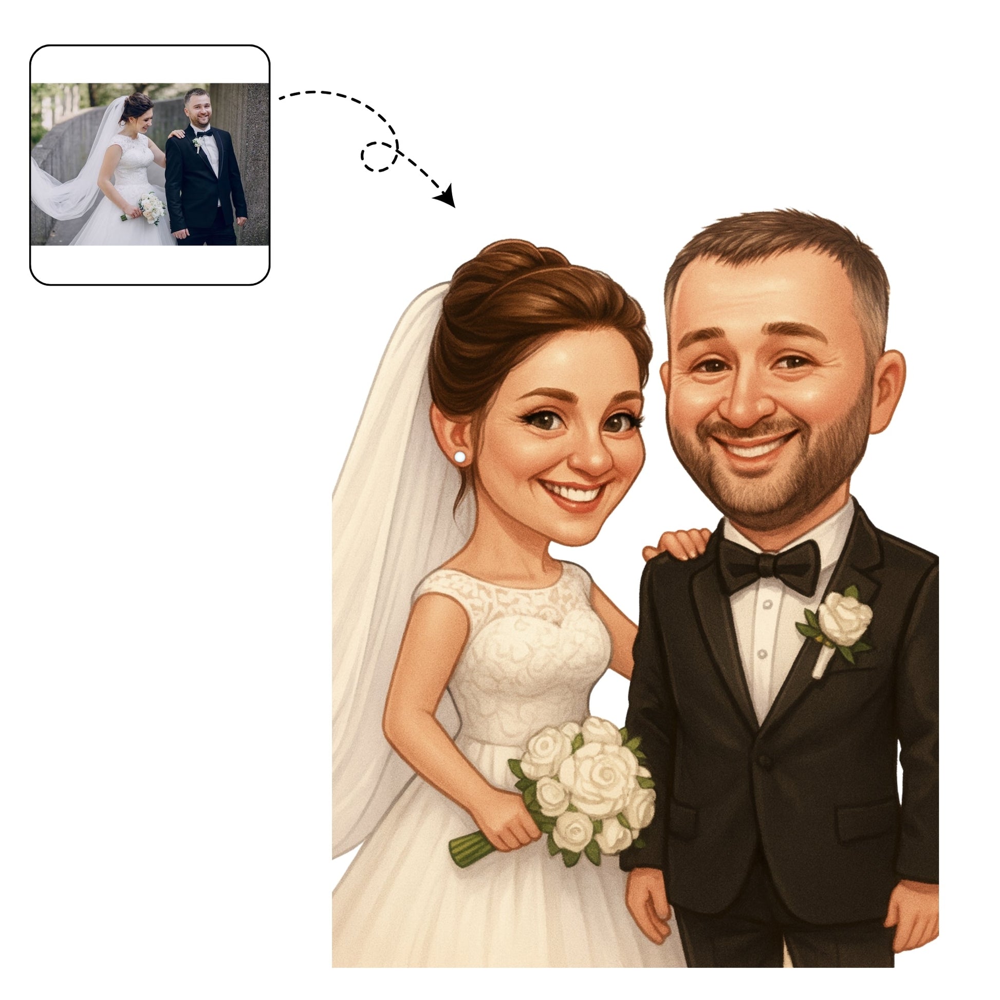 Handgetekende karikatuur van een bruidspaar, gebaseerd op hun trouwfoto, een uniek aandenken aan de bruiloft.