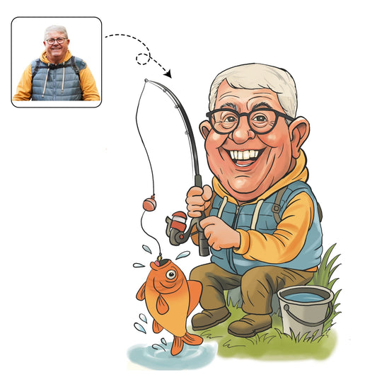 Handgetekende karikatuur van een man die na zijn pensioen geniet van zijn vishobby aan de waterkant.
