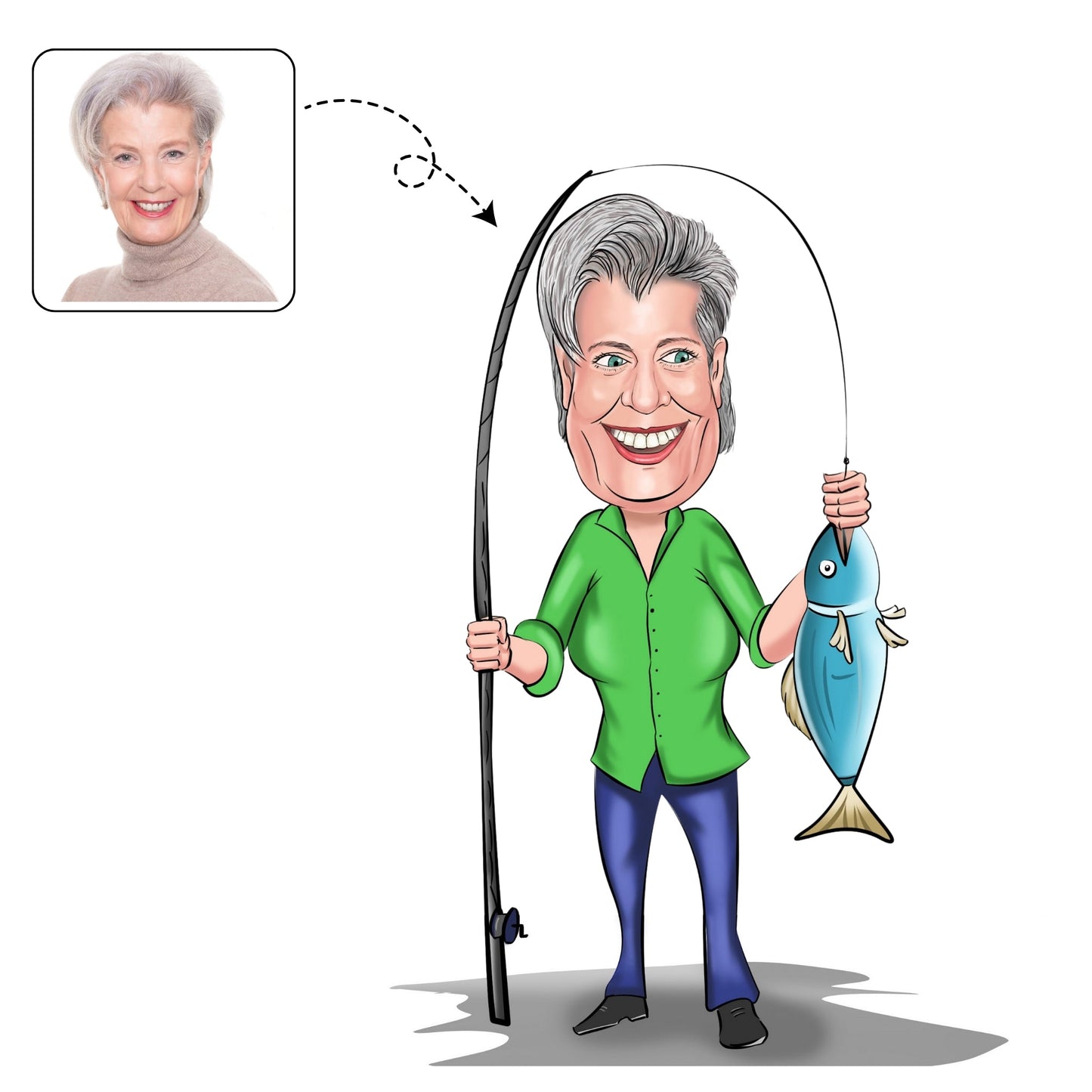 Vrolijke, handgetekende karikatuur van een gezin met kinderen en hond in een bootje op het water.