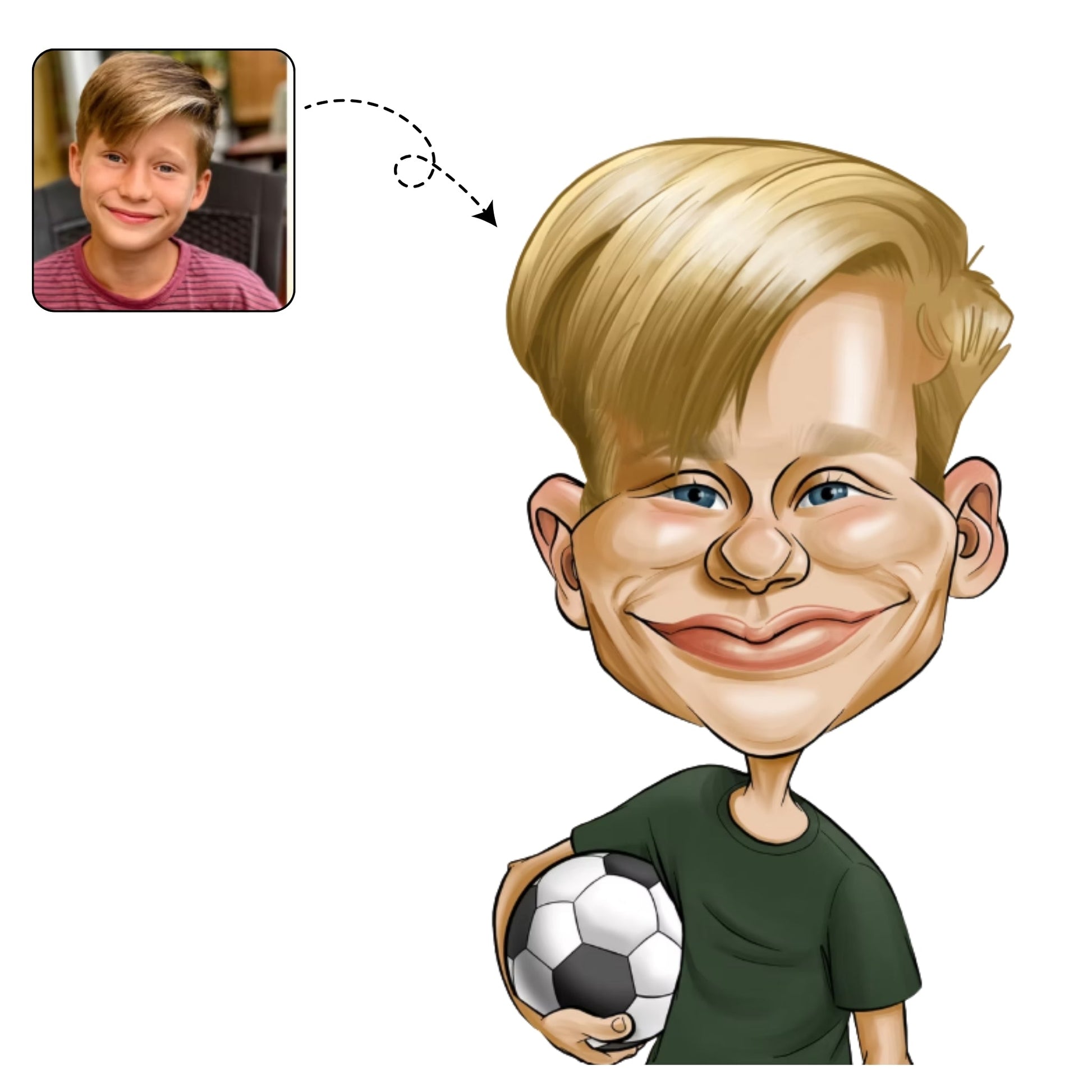 Handgetekende karikatuur van een jonge voetballer in het tenue van zijn favoriete club, dromend van een goal.